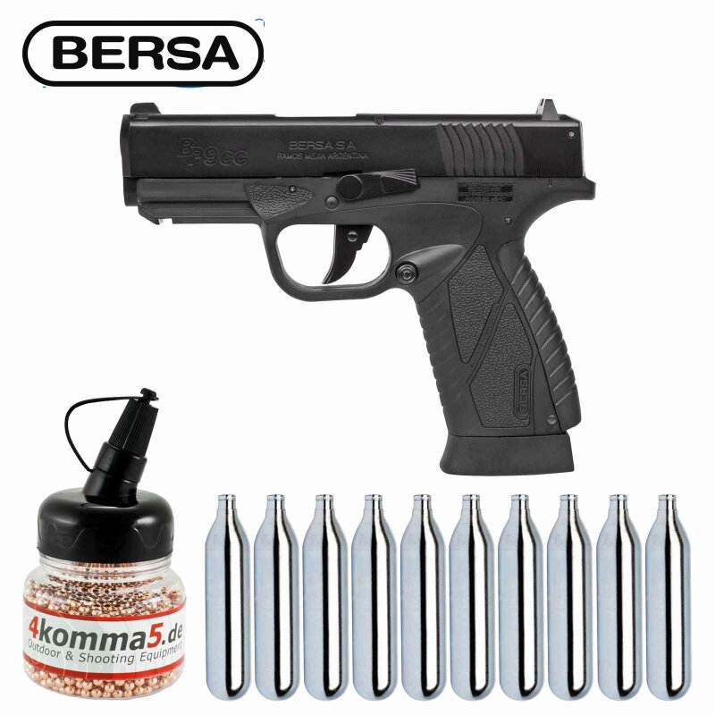 Luftpistolenset Bersa BP9CC Co2-Pistole Blow Back Kaliber 4,5 mm Stahl BB (P18) + 10 Co2-Kapseln + 1500 Stahl-BBs 4komma5