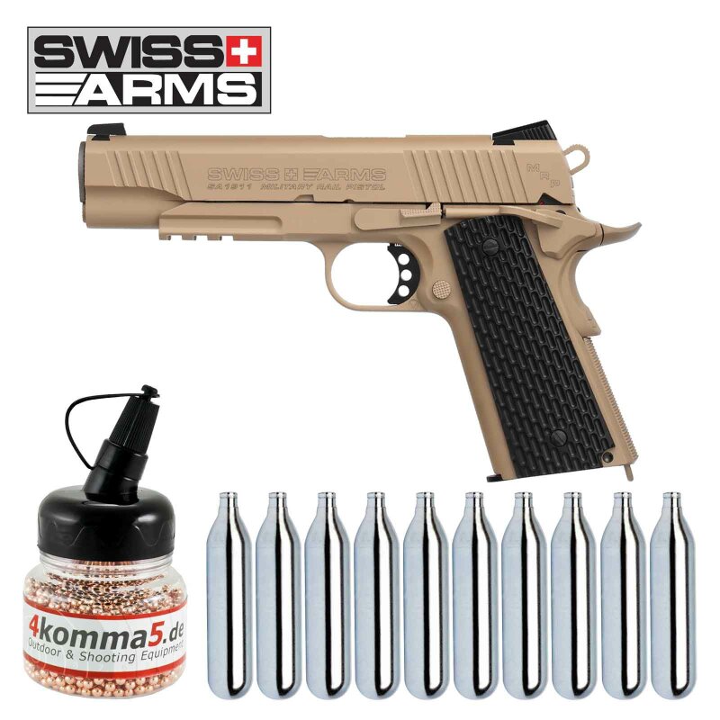 SET Swiss Arms P1911 Co2 Pistole schwarze Griffschalen Blow Back 4,5 mm BB (P18) + 4komma5 Stahl BBs + Co2-Kapseln