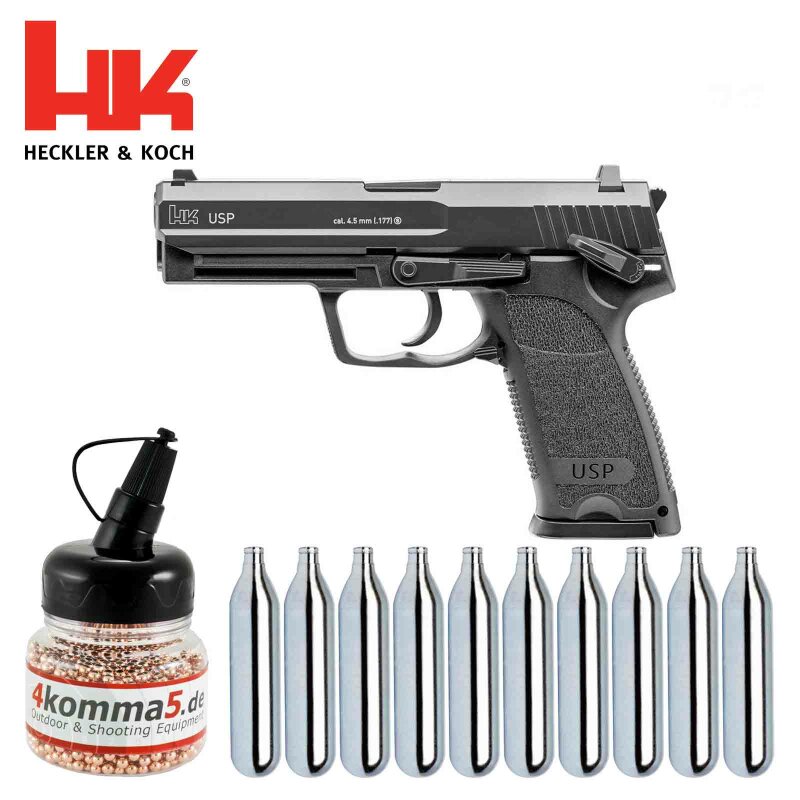 Luftpistolenset Heckler & Koch USP 4,5 mm BB Co2-Pistole mit Blowback (P18)  + 10 Co2-Kapseln + 1500 Stahl-BBs 4komma5