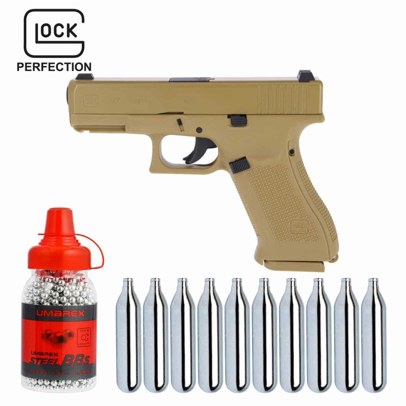 SET Umarex Glock 19X Co2-Pistole Coyote 19 Schuss Kaliber 4,5 mm Stahl BB (P18)