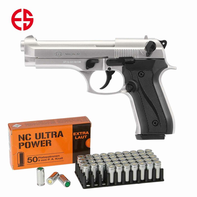 SET Ekol Firat Magnum Schreckschuss Pistole vernickelt 9 mm P.A.K. (P18) + 50 Platzpatronen 9 mm P.A.K.