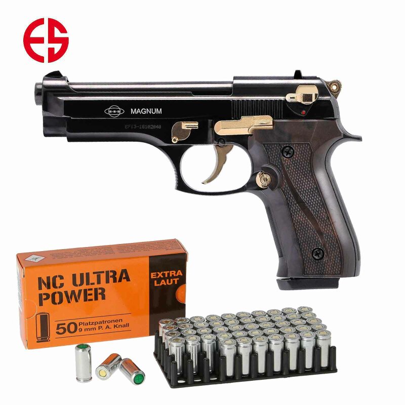 SET Ekol Firat Magnum Schreckschuss Pistole Schwarz-Gold 9 mm P.A.K. (P18) + 50 Platzpatronen 9 mm P.A.K.