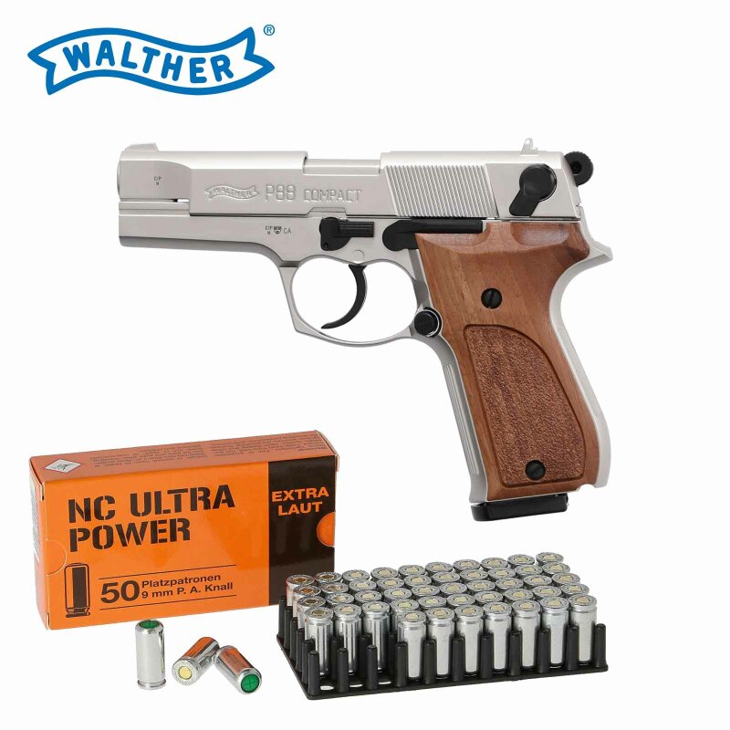 SET Walther P88 Schreckschuss Pistole Nickel 9 mm P.A.K. (P18) + 50 Platzpatronen 9 mm P.A.K.