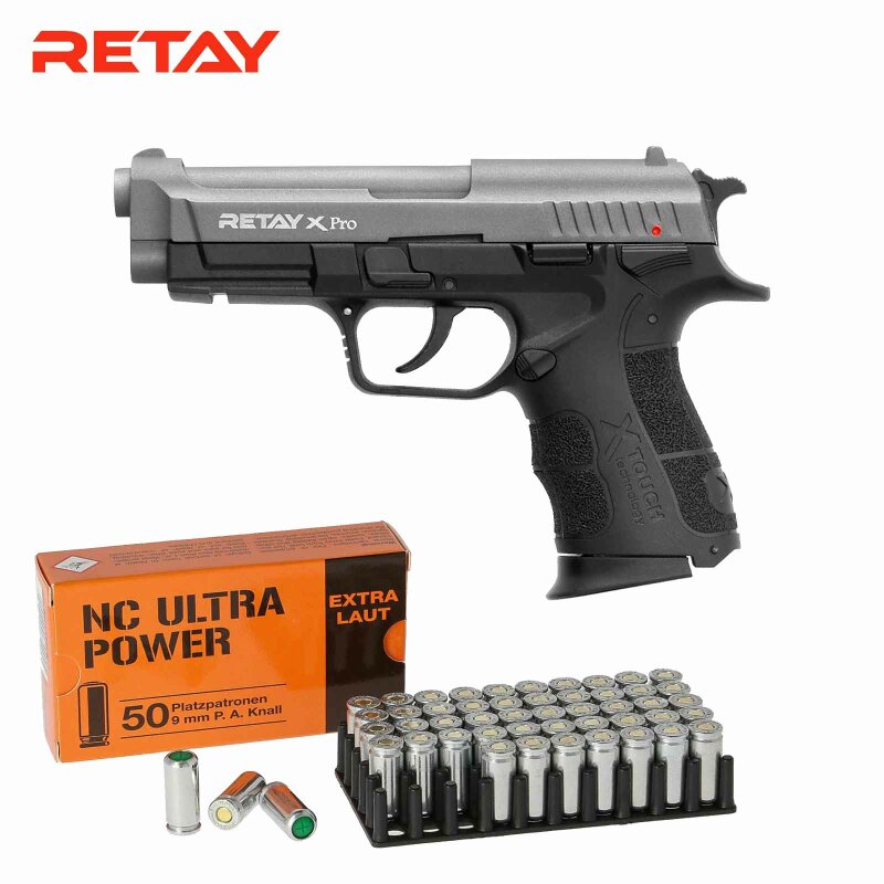 SET Retay X Pro Schreckschuss Pistole Titan 9 mm P.A.K. (P18) + 50 Platzpatronen 9 mm P.A.K.