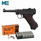 SET ME P08 Schreckschuss Pistole brüniert mit Holzgriffschalen 9 mm P.A.K. (P18) + 50 Platzpatronen 9 mm P.A.K.