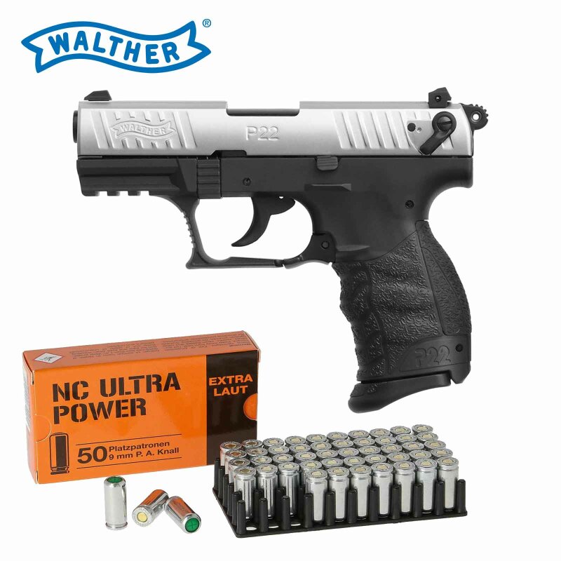 SET Walther P22Q Schreckschuss Pistole Nickel-Finish 9 mm P.A.K. (P18)