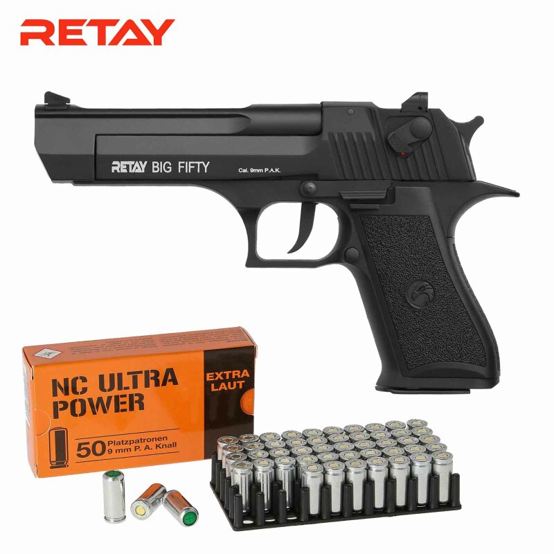 SET Retay Big Fifty Black Schreckschuss Pistole Schwarz 9 mm P.A.K. (P18) + 50 Platzpatronen 9 mm P.A.K.