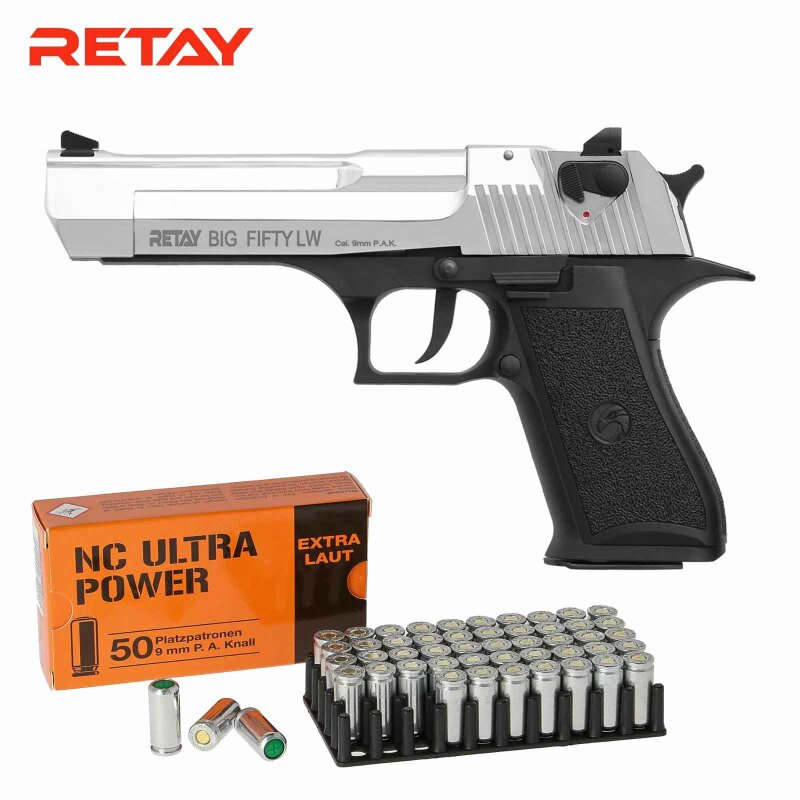 SET Retay Big Fifty LW Chrome-Finish Schreckschuss Pistole 9 mm P.A.K. (P18) + 50 Platzpatronen 9 mm P.A.K.