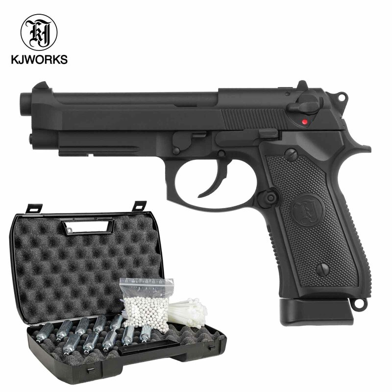 Komplettset KJ Works M9 A1 Vollmetall Softair-Co2-Pistole Schwarz Kaliber 6 mm BB Blowback (P18)