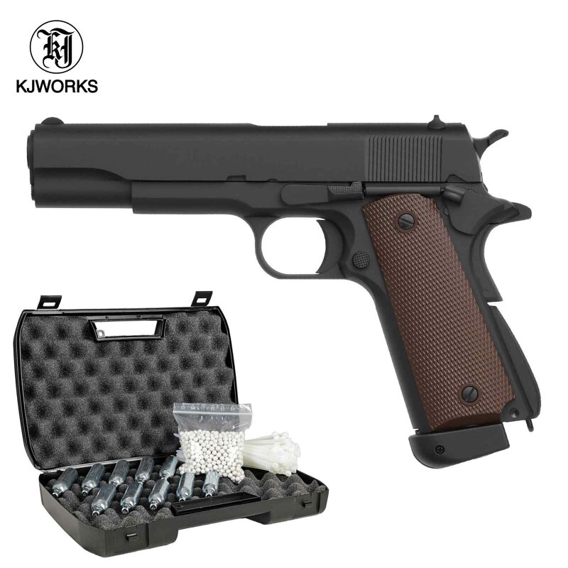 Komplettset KJ Works M1911 Vollmetall Softair-Co2-Pistole Schwarz/Braun Kaliber 6 mm BB Blowback (P18)