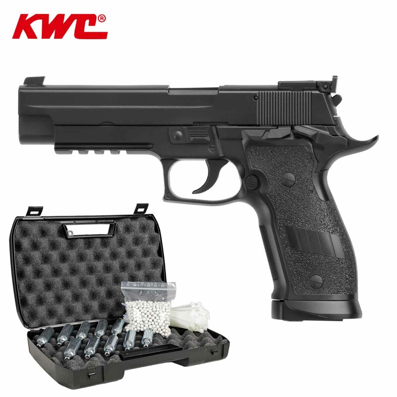 Komplettset KWC P226 Match Vollmetall Softair-Co2-Pistole Schwarz Kaliber 6 mm BB Blowback (P18)