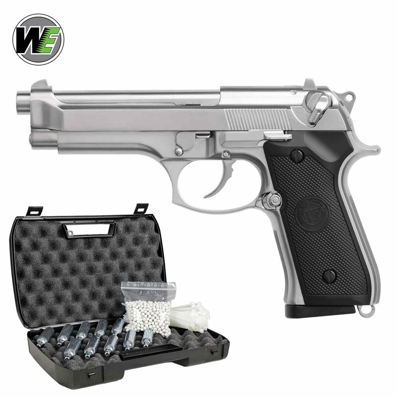 Komplettset WE M9 Vollmetall Softair-Co2-Pistole Silber Kaliber 6 mm BB Blowback (P18)