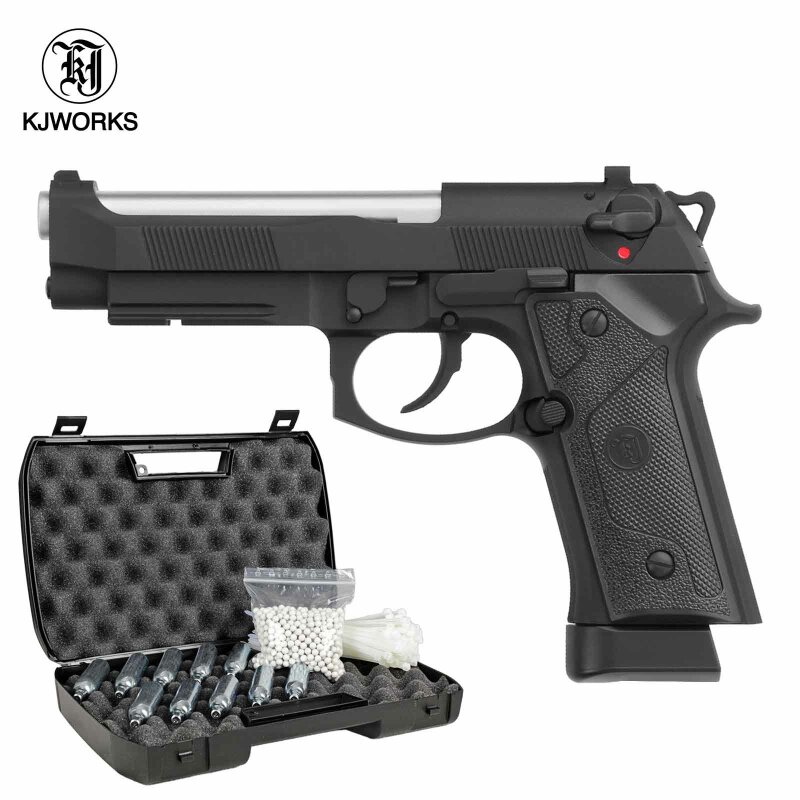 Komplettset KJ Works M9IA Vollmetall Softair-Co2-Pistole Schwarz Kaliber 6 mm BB Blowback (P18)