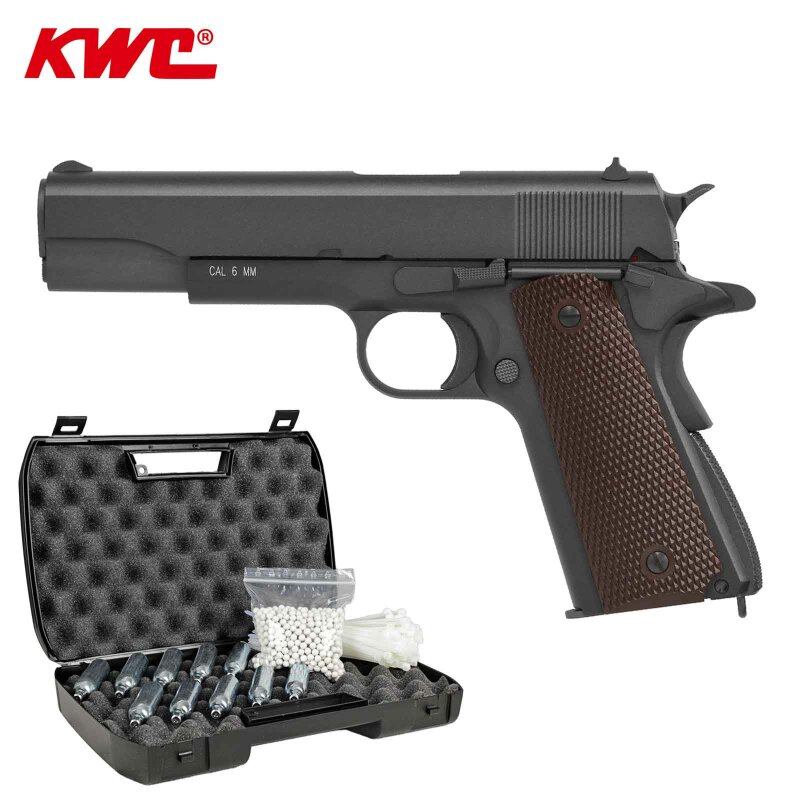 Komplettset KWC M1911 Vollmetall Softair-Co2-Pistole Schwarz Kaliber 6 mm BB Blowback (P18)