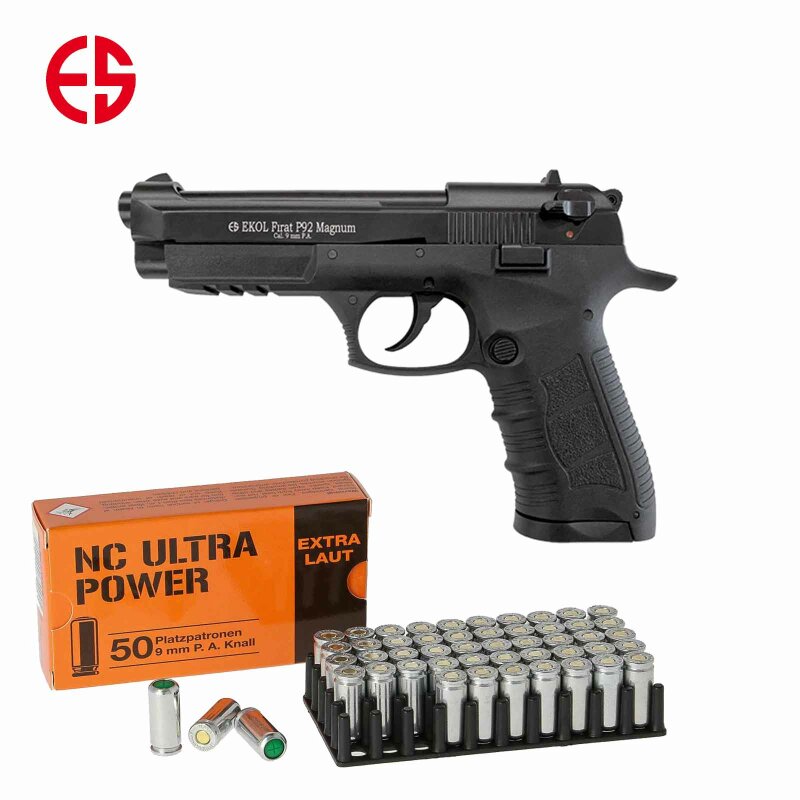 SET Ekol P92 Magnum Schreckschuss Pistole Schwarz 9 mm P.A.K. (P18) + 50 Platzpatronen 9 mm P.A.K.