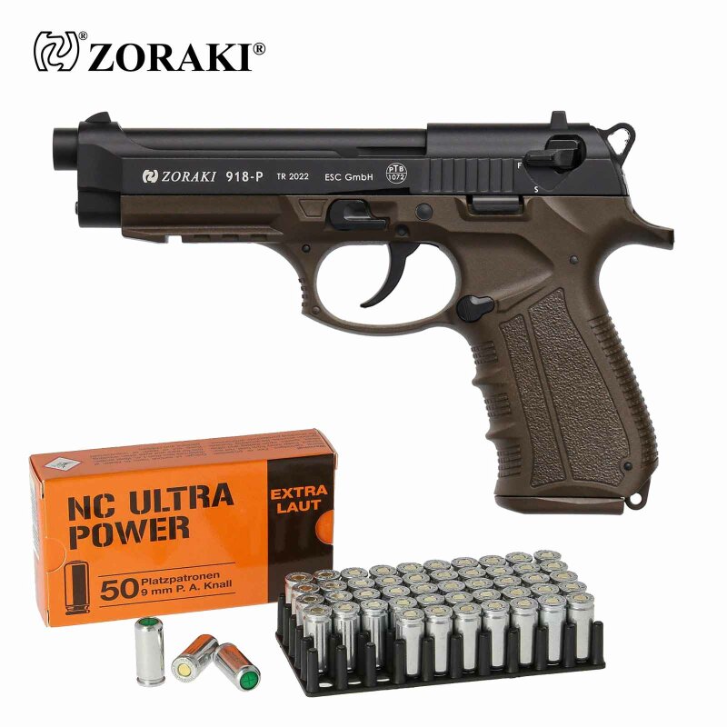 SET Zoraki 918 Schreckschuss Pistole ODG 9 mm P.A.K. (P18) + 50 Platzpatronen 9 mm P.A.K.