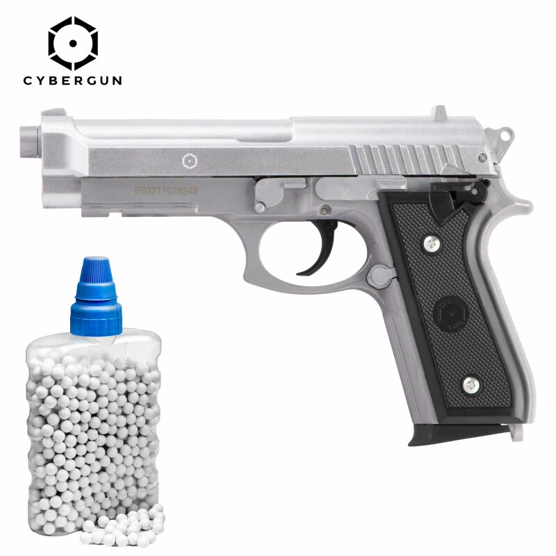 SET Cybergun PT92  H.P.A. Federdruck Softair-Pistole 6 mm BB Silber (P14) + 800 BBs