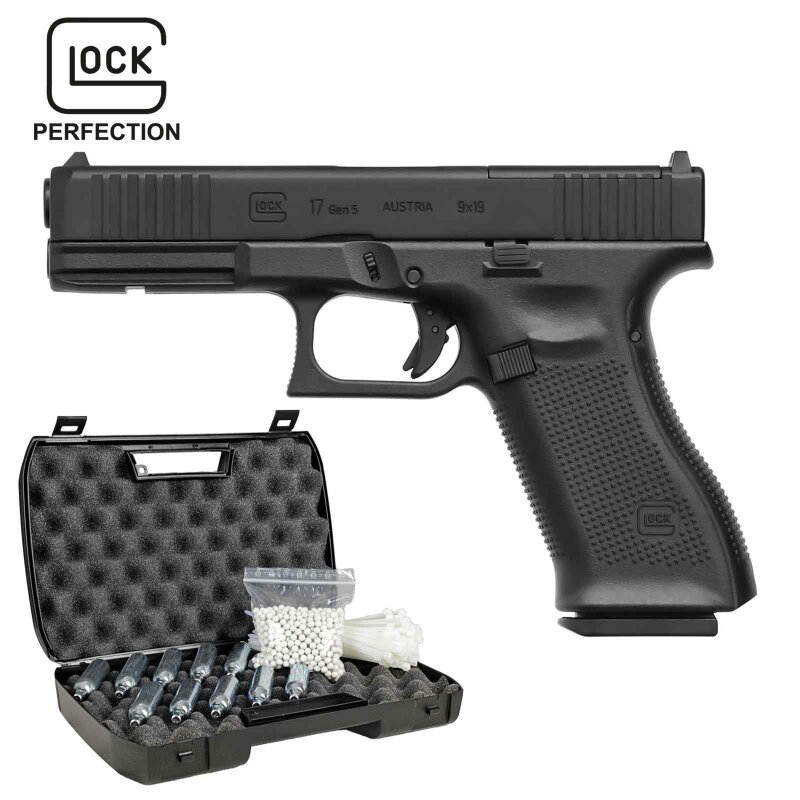 Komplettset Glock 17 GEN5 MOS Softair-Co2-Pistole Schwarz Kaliber 6 mm BB Blowback (P18) 18 Schuss