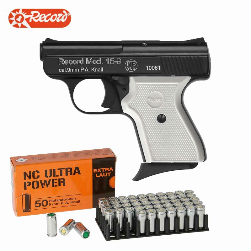 SET Record Modell 15-9 Schreckschuss Pistole weiße Griffschalen 9 mm P.A.K. (P18) + 50 Platzpatronen 9 mm P.A.K.