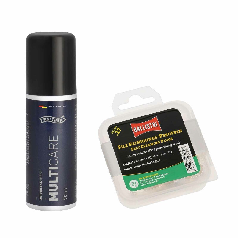 Putzset Walther Pro Gun Care Universalspray 50 ml + Filz Reinigungs-Pfropfen für Luftgewehre und -pistolen 4,5 mm