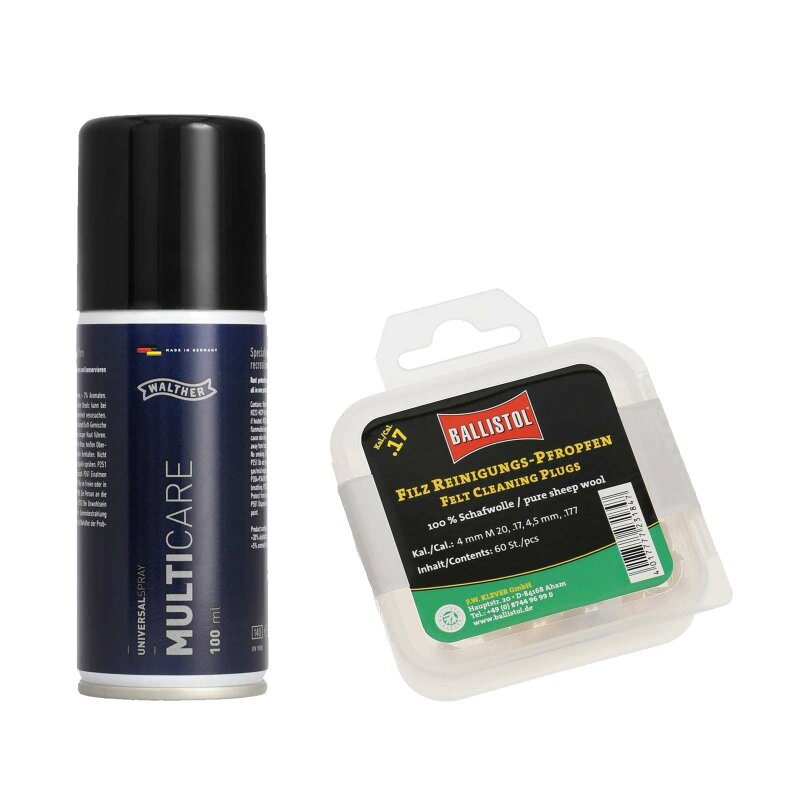 Putzset Walther Gun Care Universalspray 100 ml + Filz Reinigungs-Pfropfen für Luftgewehre und -pistolen 4,5 mm