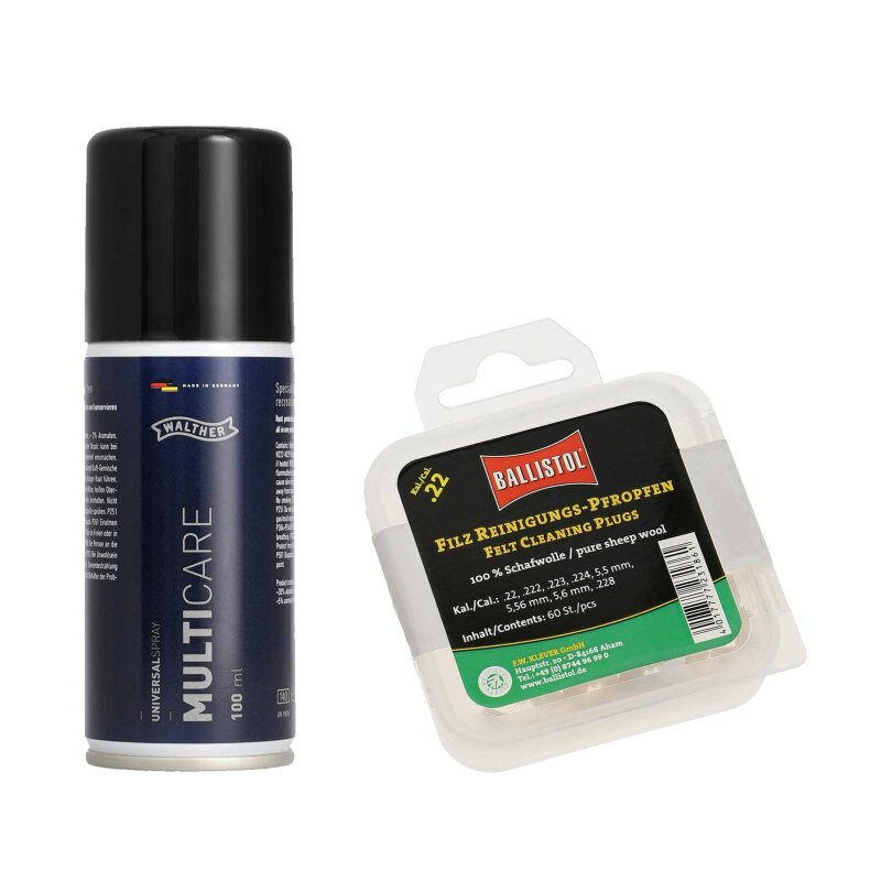 Putzset Walther Gun Care Universalspray 100 ml + Filz Reinigungs-Pfropfen für Luftgewehre und -pistolen 5,5 mm