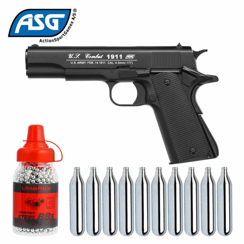 SET ASG 1911 US-C Stahl BB Co2-Pistole Schwarz 4,5 mm Blow Back (P18)