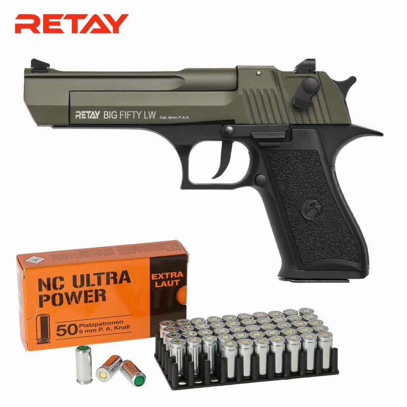 SET Retay Big Fifty LW Oliv Schreckschuss Pistole 9 mm P.A.K. (P18) + 50 Platzpatronen 9 mm P.A.K.