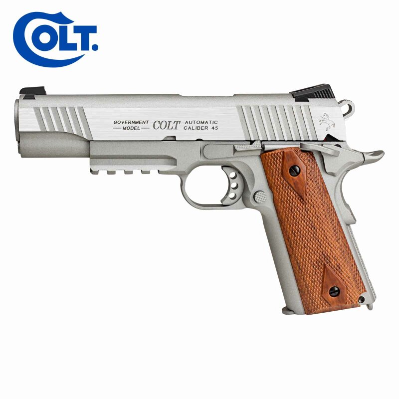 Modell II. Wahl - Colt 1911 Railgun Stainless Vollmetall Softair-Co2-Pistole Kaliber 6 mm BB Blowback (P18)