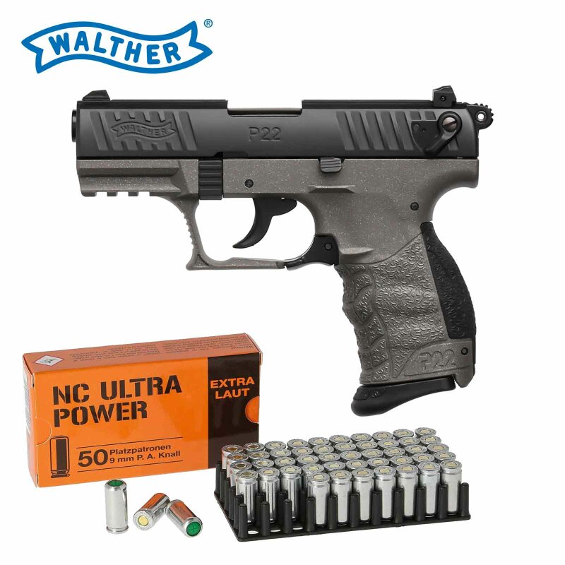 SET Walther P22Q Schreckschuss Pistole Meteor Gray 9 mm P.A.K. (P18) + 50 Platzpatronen 9 mm P.A.K.