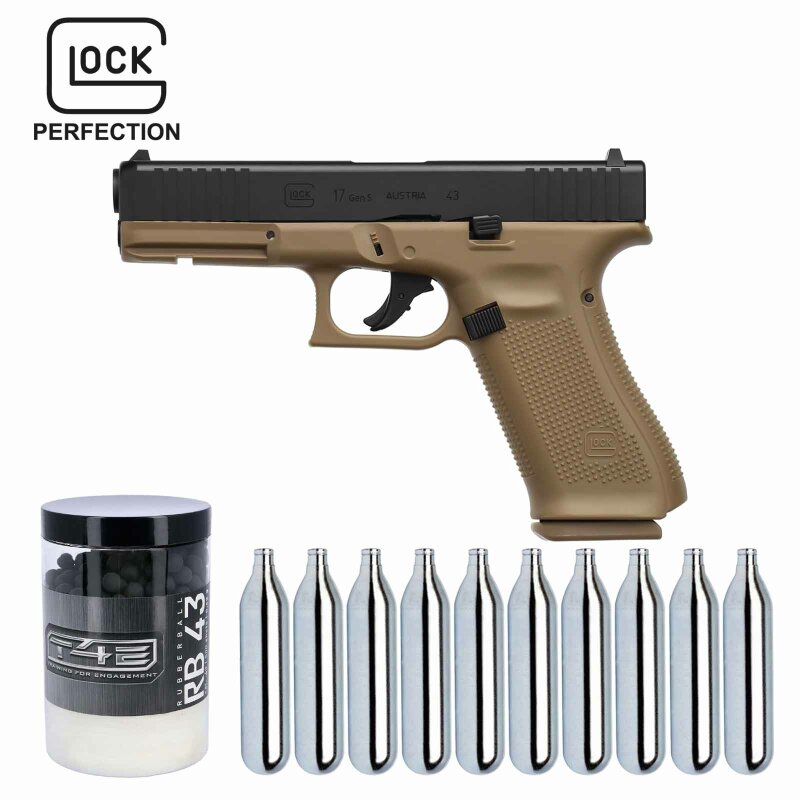 Glock 17 Gen5 T4E Defense Training Marker cal .43 Coyote Blowback (P18) + Rubberballs T4E 500 Stück