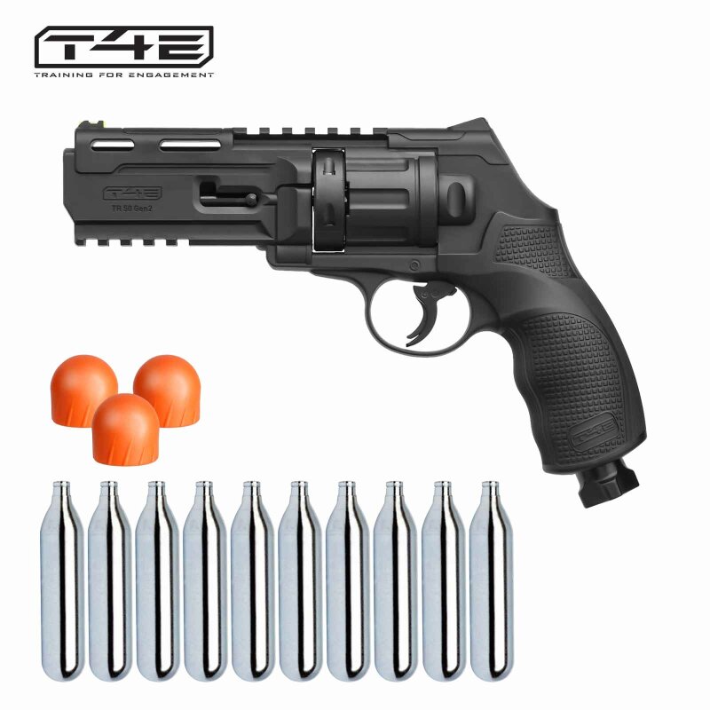 SET T4E Defense Training Marker HDR 50 (TR 50) Gen2 Revolver Co2 cal .50 - 7,5 Joule (P18) + Rubberballs PLST50 Orange - 50 Stück