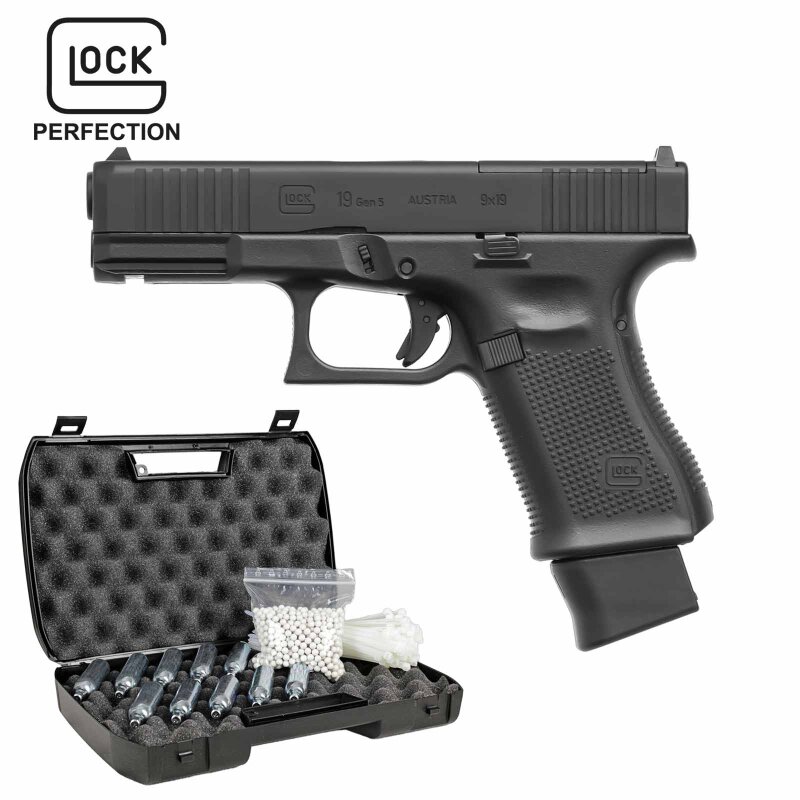 Komplettset Glock 19 Gen5 MOS Softair-Co2-Pistole Schwarz Kaliber 6 m